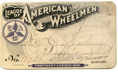 An example of a turn-of-the-century League of American Wheelmen membership card.